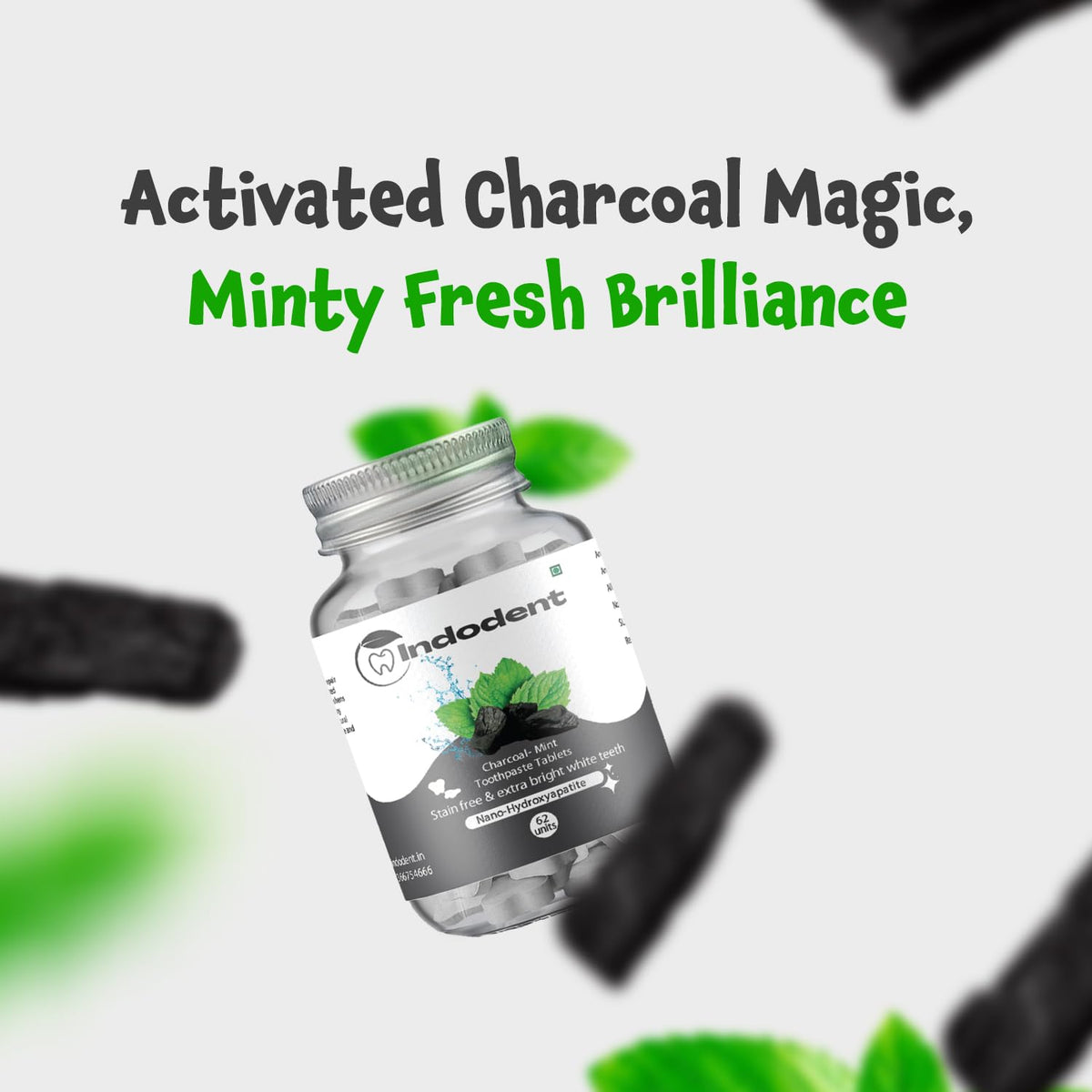 Charcoal Mint Toothpaste tablets (62) bottle | Activated Charcoal | Minty Fresh | Strengthening SLS free Multi-Protection Formula | Hydroxyapatite