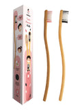 INDODENT Twin Flower Bamboo Toothbrush (2 pcs) | Pink & Black | Kids | Soft bristles | Ergonomic | Angled Head | Deep Cleaning