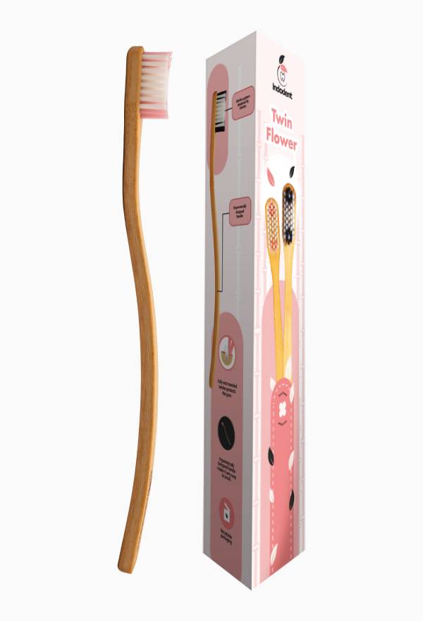 Twin Flower Bamboo Toothbrush | Adult | Soft | Pink and Black