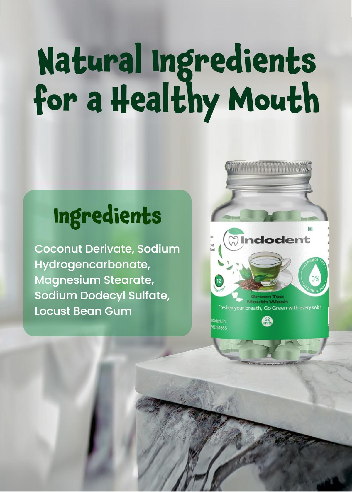 Green Tea Mouthwash tabs (62) bottle | Kids and Adults